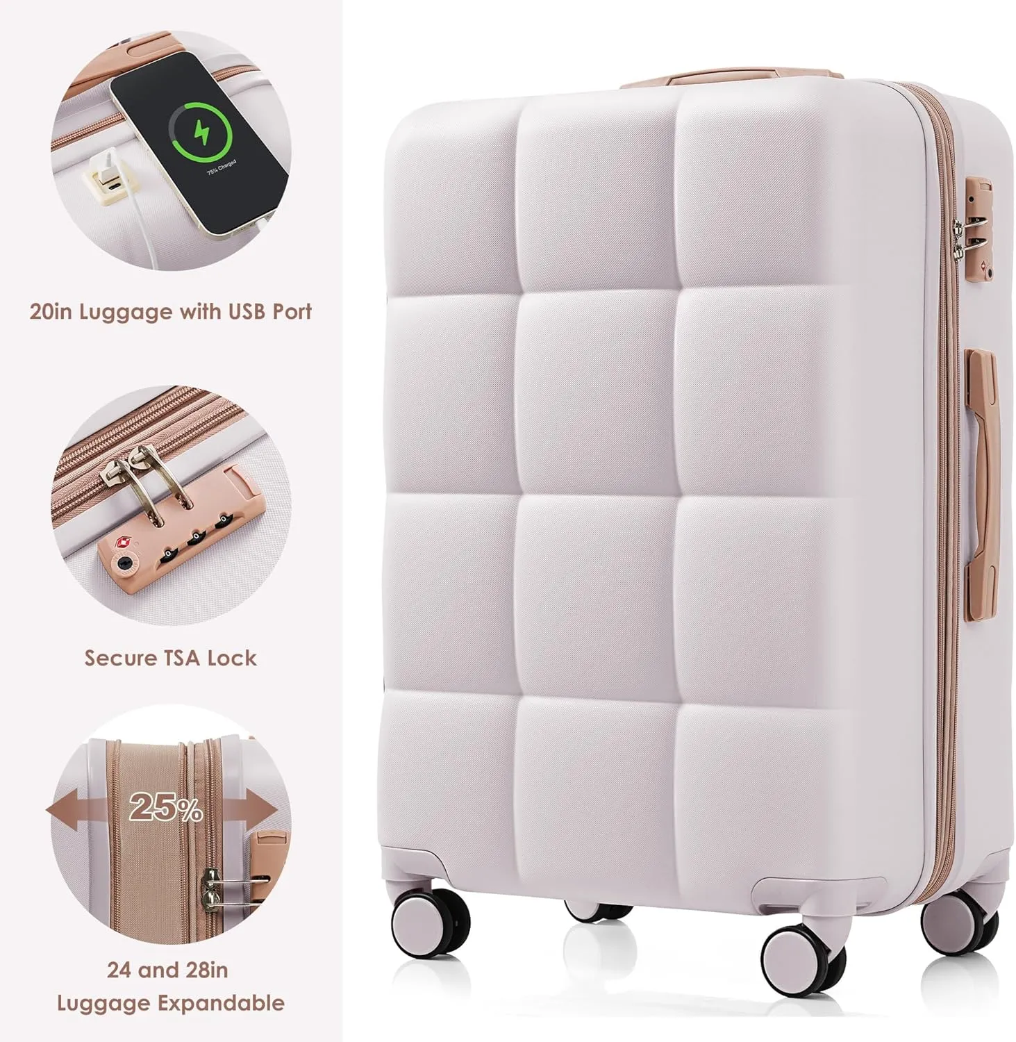 Luggage Sets 4 Piece, Expandable Suitcase with Cup Holder and USB Port(20''), Hardside Carry On Checked with with Travel Bag & TSA Lock, 20/24/28 Inch Rolling Suitcases with Wheels (Light Grey)