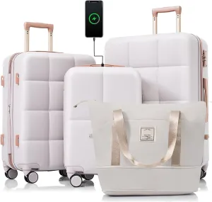 Luggage Sets 4 Piece, Expandable Suitcase with Cup Holder and USB Port(20''), Hardside Carry On Checked with with Travel Bag & TSA Lock, 20/24/28 Inch Rolling Suitcases with Wheels (Light Grey)