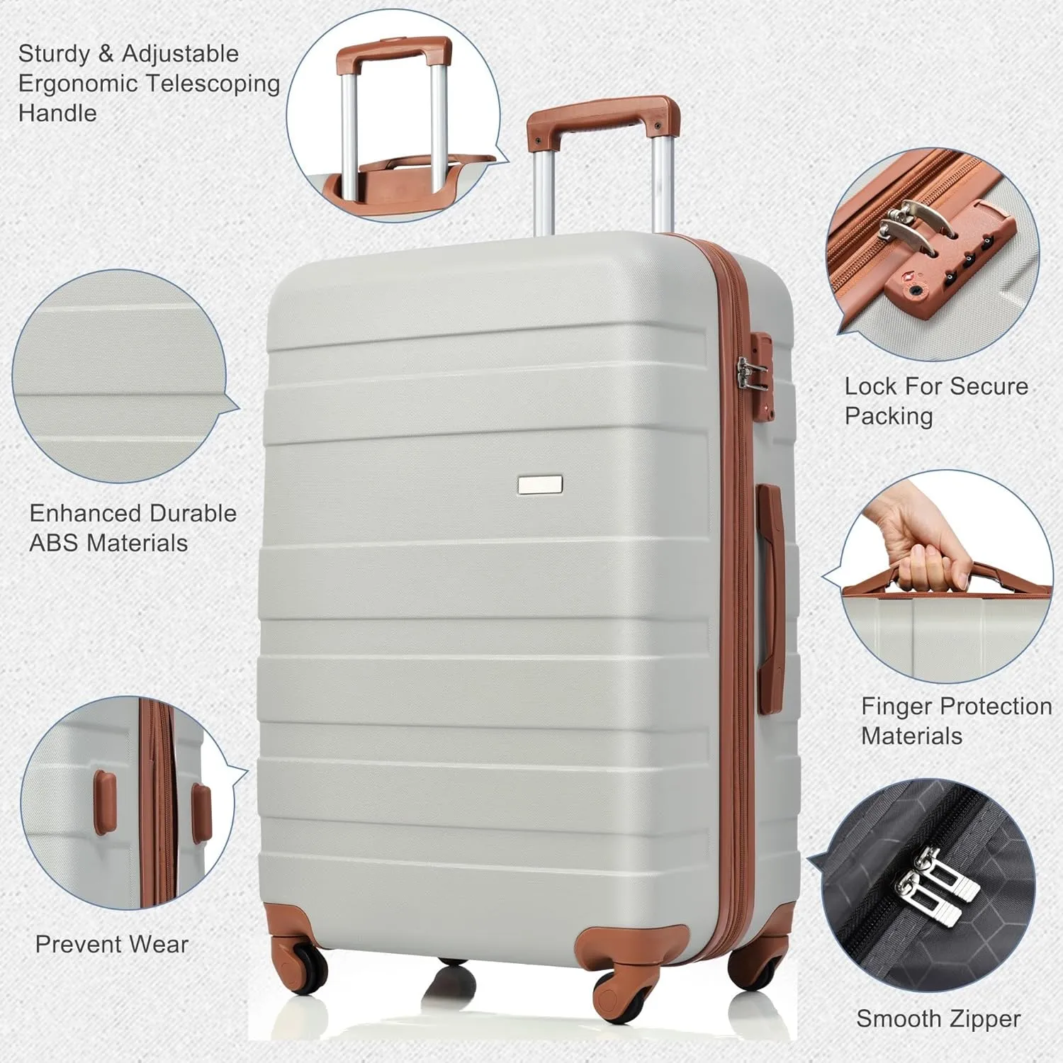 Luggage Sets Expandable ABS Hardshell 3 Piece Suitcase with Spinner Wheels & TSA Lock, Lightweight Durable Travel Luggage 20''/24''/28'' for Airline Carry-On (Light Grey and Brown, 20'' 24'' 28'')