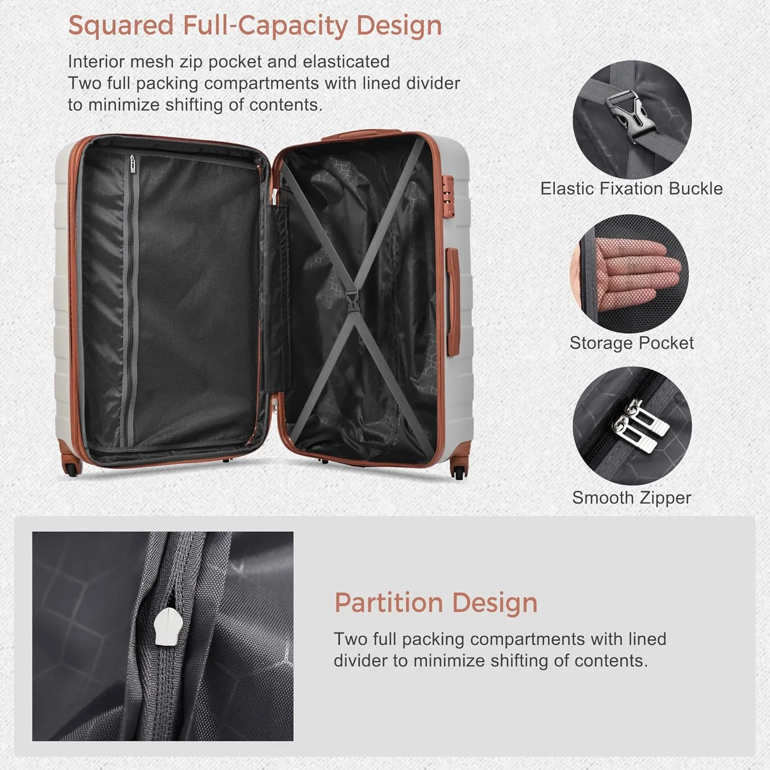 Luggage Sets Expandable ABS Hardshell 3 Piece Suitcase with Spinner Wheels & TSA Lock, Lightweight Durable Travel Luggage 20''/24''/28'' for Airline Carry-On (Light Grey and Brown, 20'' 24'' 28'')