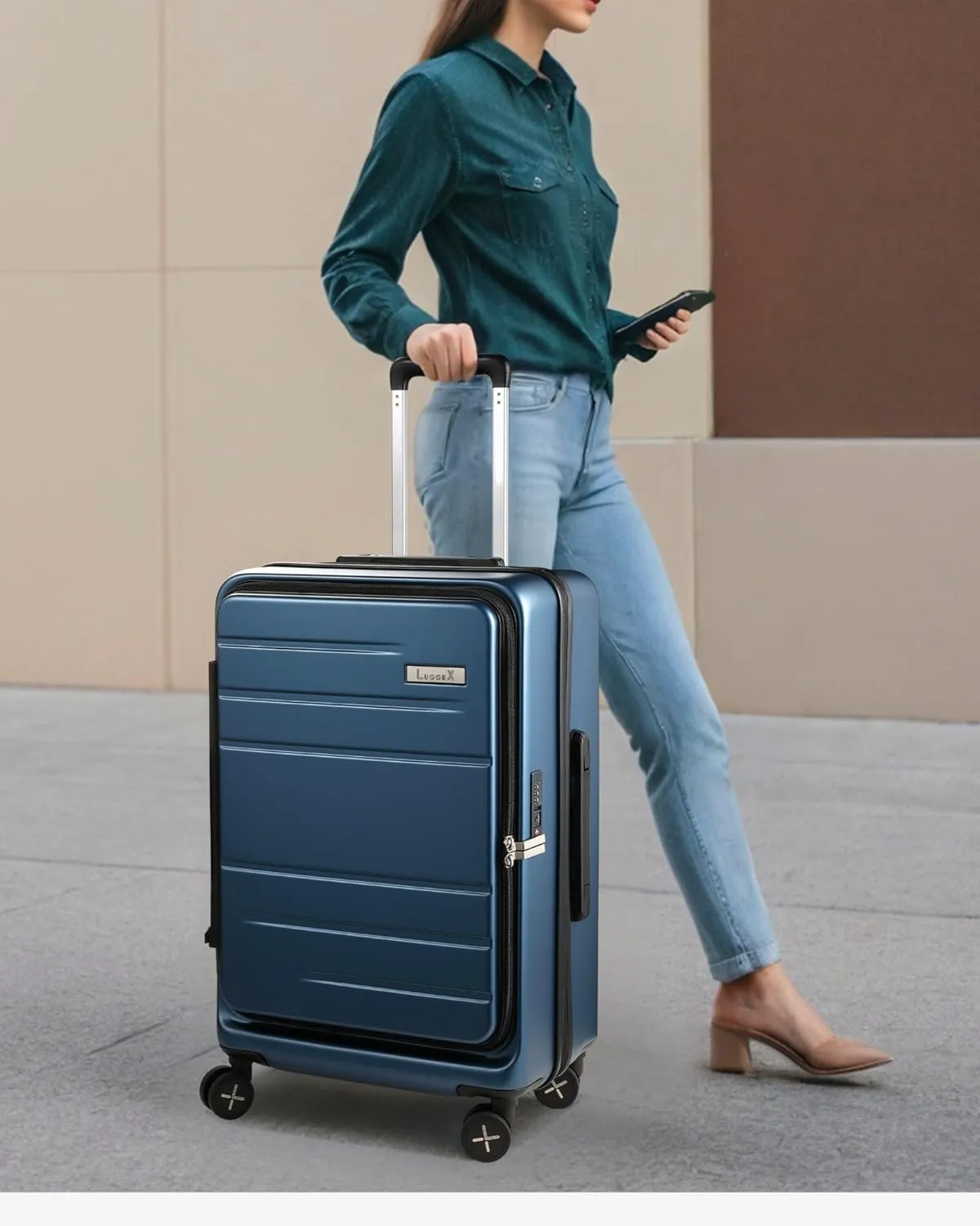 LUGGEX 24 Inch Luggage with Spinner Wheels, Expandable PC Hard Shell Checked Suitcase with Front Opening, Lightweight (Blue, 24 Inch)