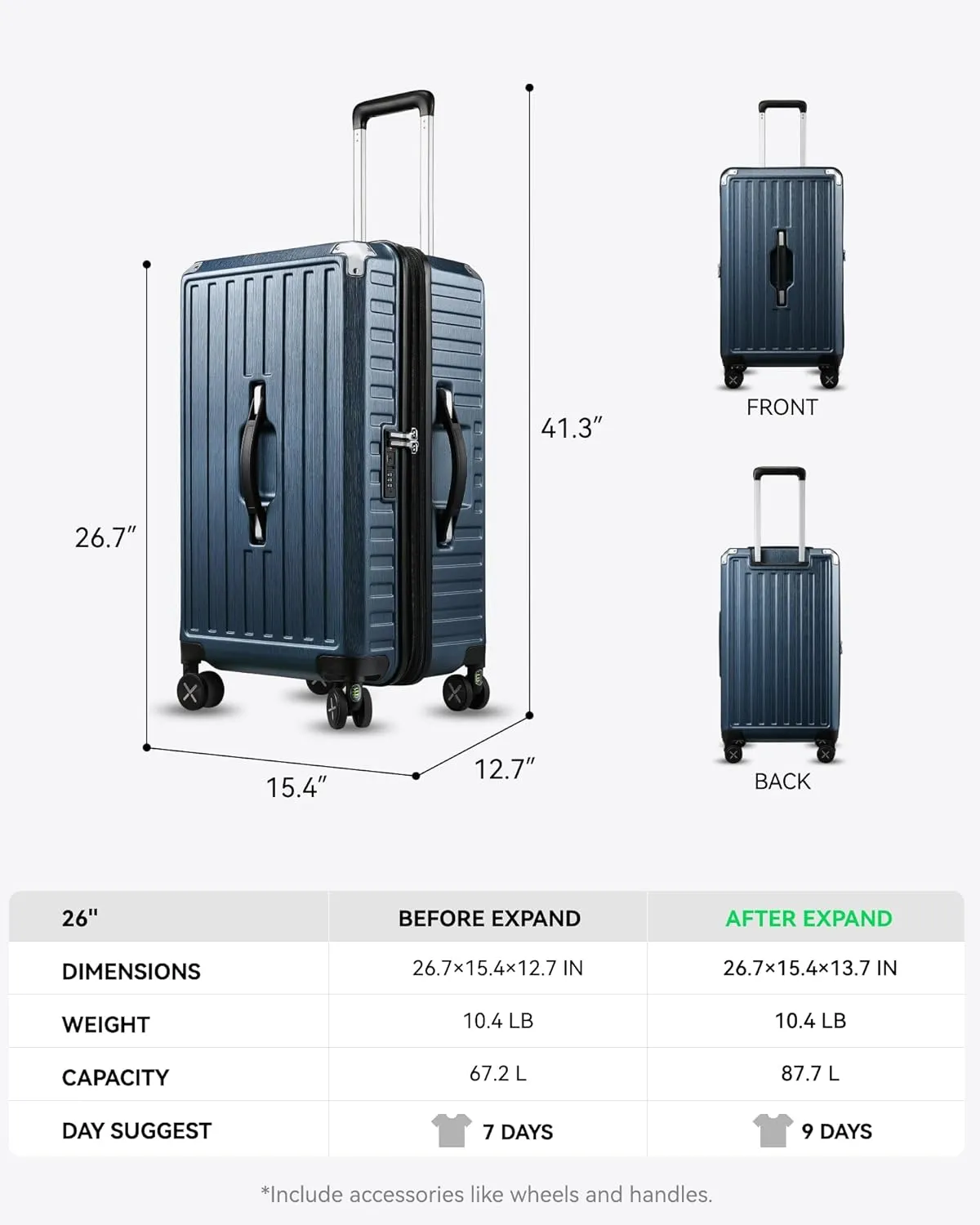 LUGGEX 26 Inch Trunk Luggage with Spinner Wheels, Deep Expandable Design, Shock Absorbing Wheels, Adventure Ready Travel Companion, Blue, 67.2L