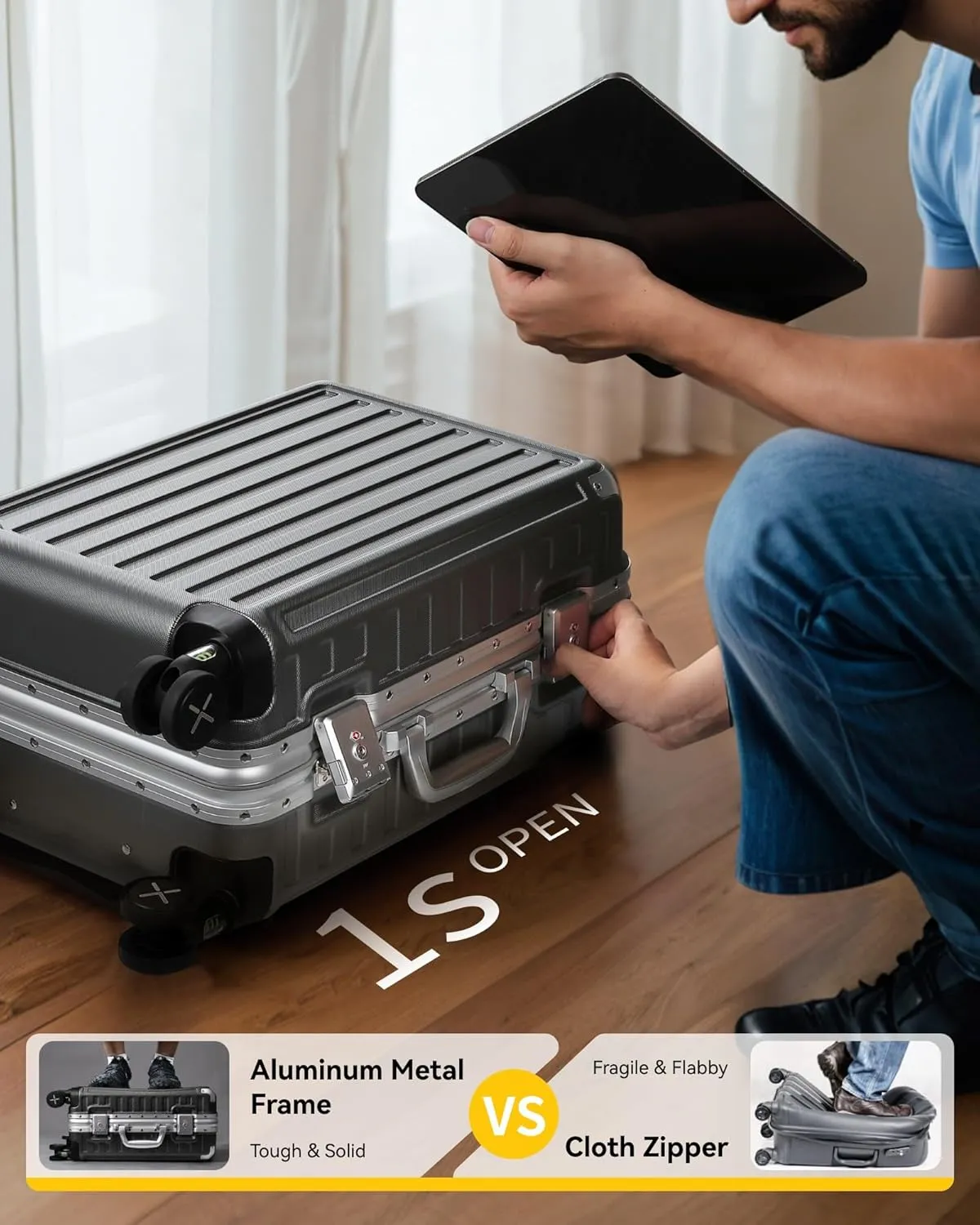 LUGGEX Aluminum Frame Luggage with Spinner Wheels, Zipperless Polycarbonate Hard Shell Suitcase, Carry On 20 Inch, Blue