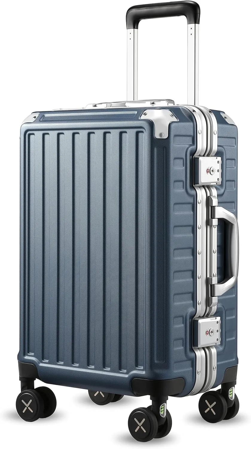 LUGGEX Aluminum Frame Luggage with Spinner Wheels, Zipperless Polycarbonate Hard Shell Suitcase, Carry On 20 Inch, Blue