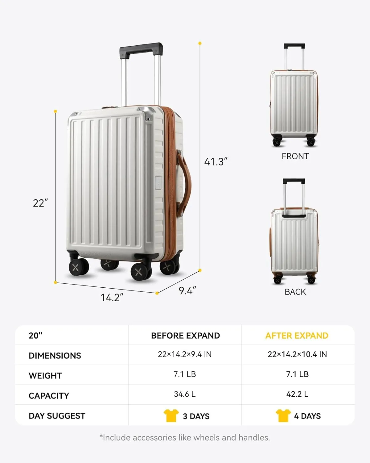 LUGGEX Carry On Luggage 22x14x9 Airline Approved, PC Expandable Hard Shell Suitcases with Spinner Wheels, 20 Inch, White Brown