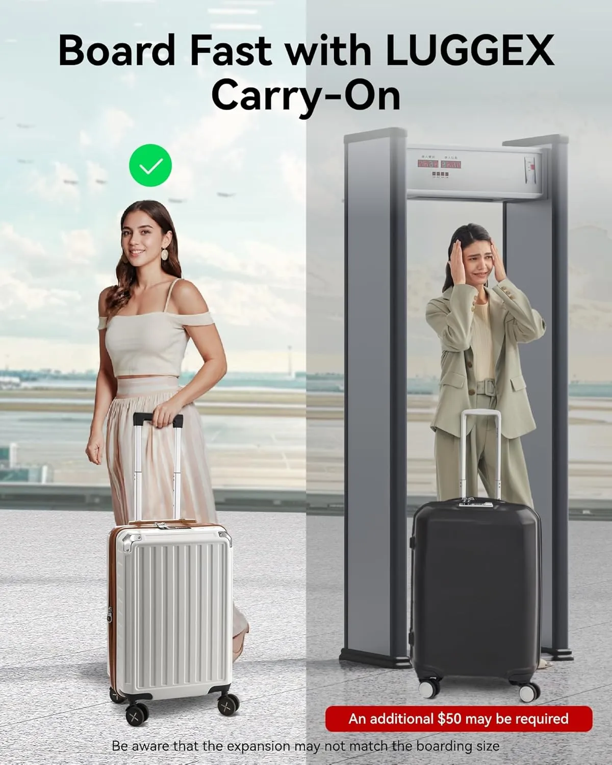 LUGGEX Carry On Luggage 22x14x9 Airline Approved, PC Expandable Hard Shell Suitcases with Spinner Wheels, 20 Inch, White Brown