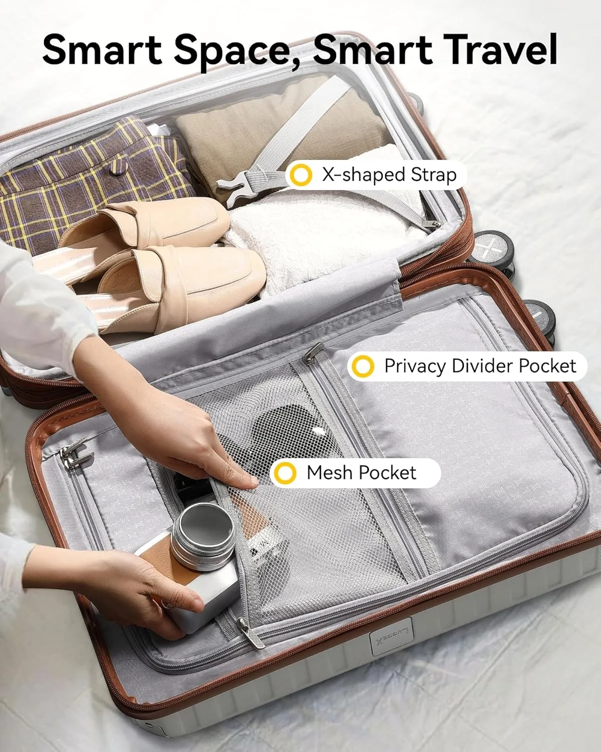 LUGGEX Carry On Luggage 22x14x9 Airline Approved, PC Expandable Hard Shell Suitcases with Spinner Wheels, 20 Inch, White Brown
