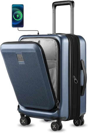 LUGGEX Carry on Luggage 22x14x9 Airline Approved, PC Hard Shell Suitcase with Front Pocket, Expandable Luggage with USB Port (Blue, 20 Inch, 37L)