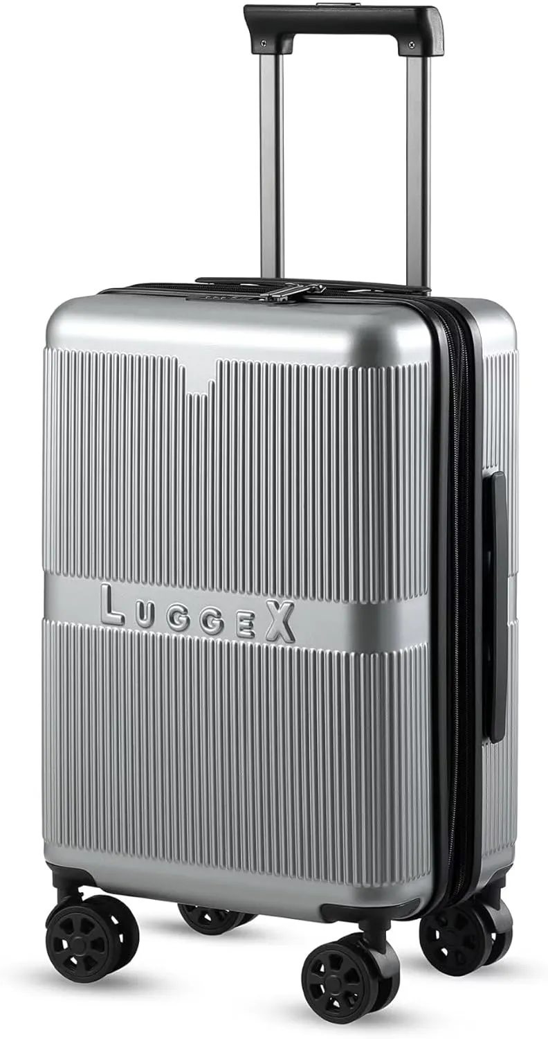 LUGGEX Carry On Luggage 22x14x9 Airline Approved with Spinner Wheels - 100% PC Hard Shell Expandable Luggage - Effortless Travel with Bigger Wheels (Silver Suitcase)
