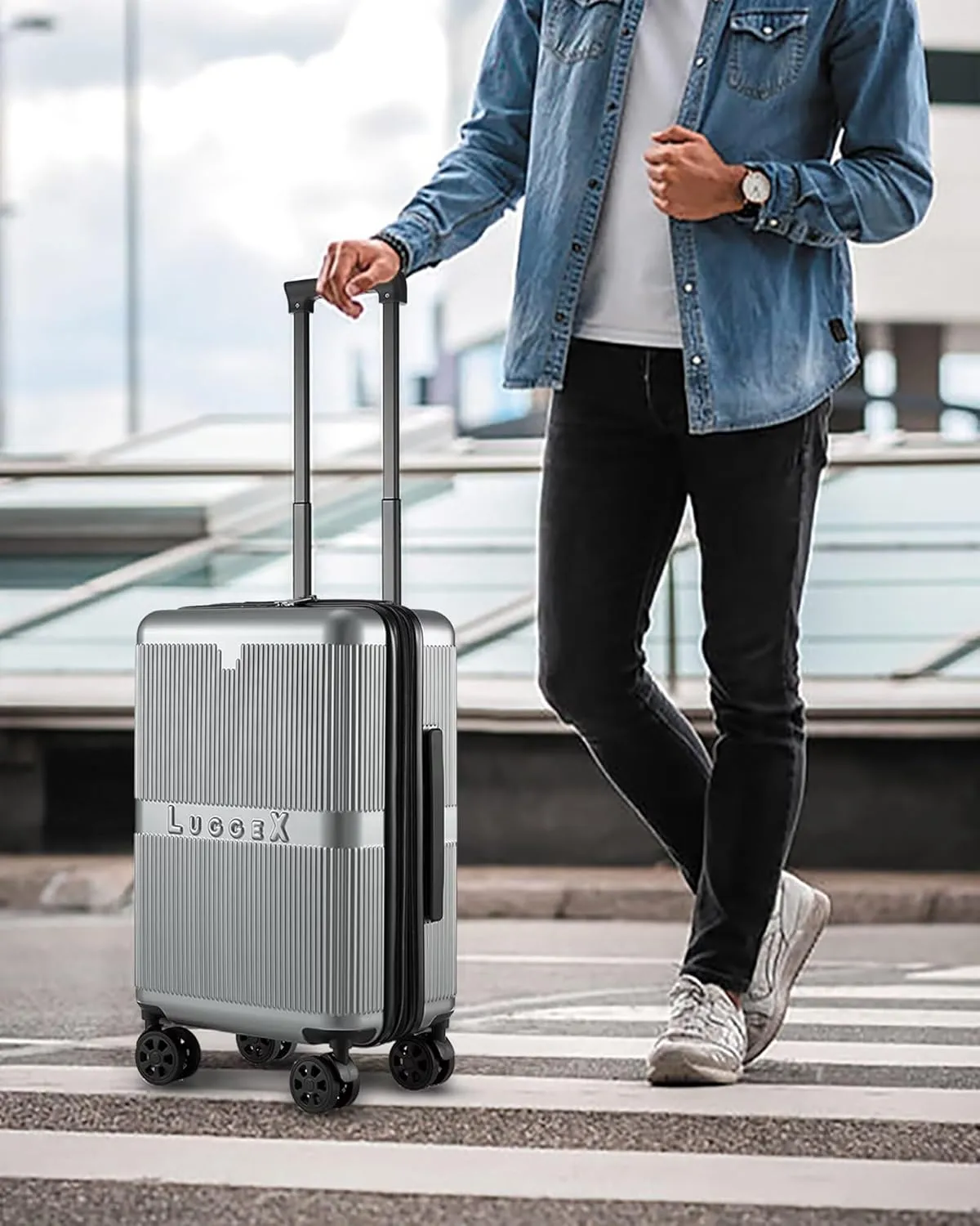 LUGGEX Carry On Luggage 22x14x9 Airline Approved with Spinner Wheels - 100% PC Hard Shell Expandable Luggage - Effortless Travel with Bigger Wheels (Silver Suitcase)