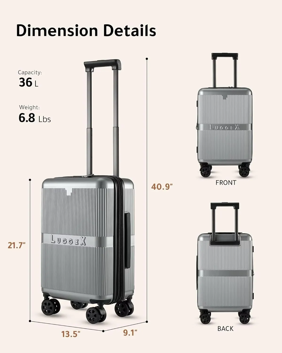 LUGGEX Carry On Luggage 22x14x9 Airline Approved with Spinner Wheels - 100% PC Hard Shell Expandable Luggage - Effortless Travel with Bigger Wheels (Silver Suitcase)