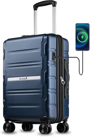 LUGGEX Carry on Luggage Airline Approved, Polycarbonate Hard Shell Suitcase, Expandable Luggage with Charger Port (Blue, 20 Inch, 30.7L)