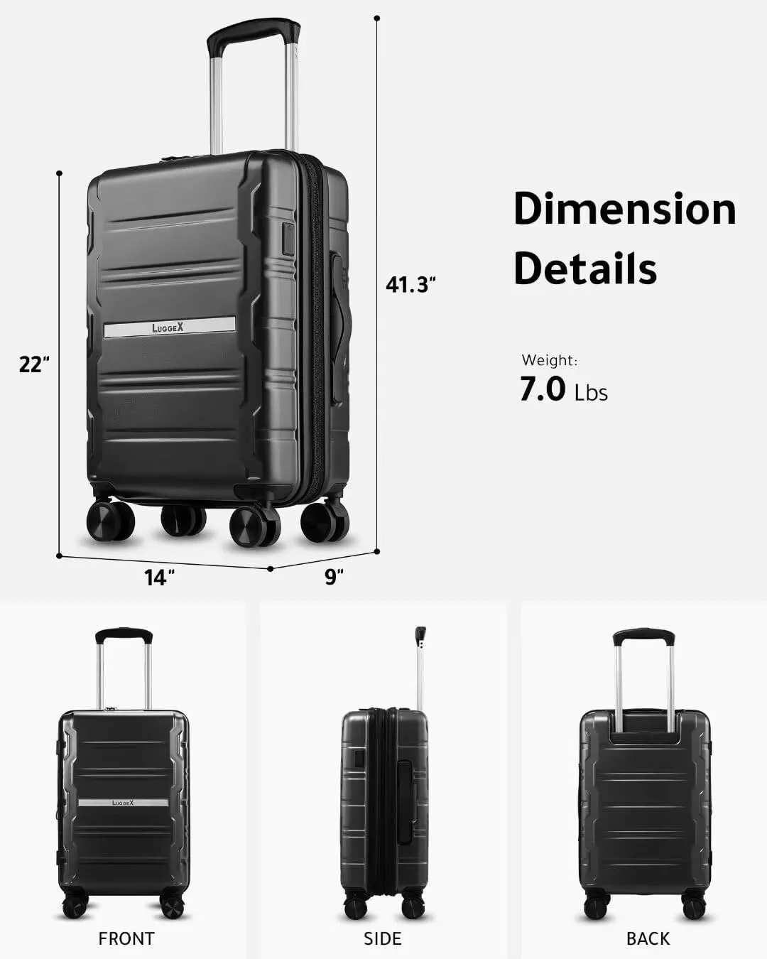 LUGGEX Carry on Luggage Airline Approved, Polycarbonate Hard Shell Suitcase, Expandable Luggage with Charger Port (Blue, 20 Inch, 30.7L)