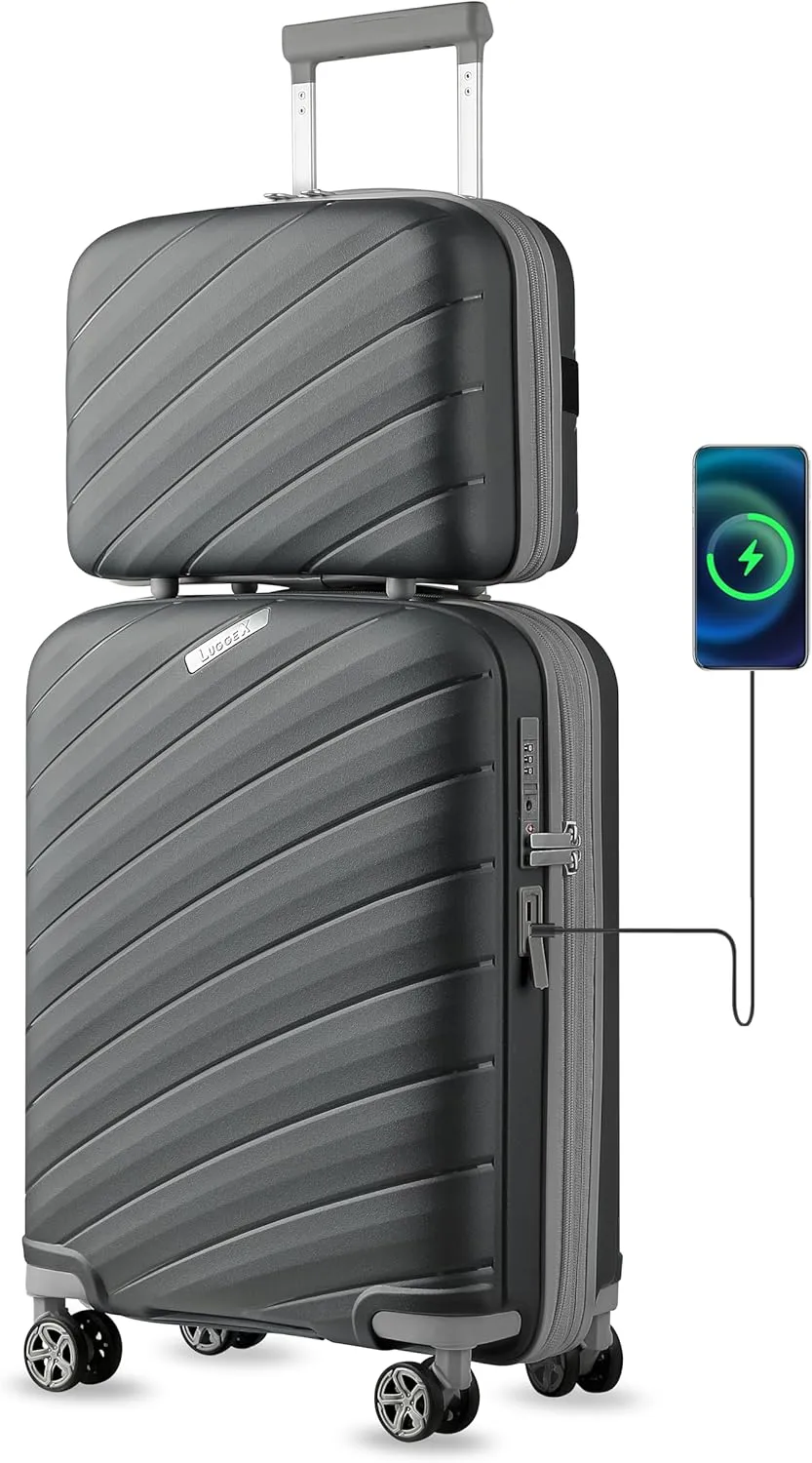 LUGGEX Carry on Luggage, Lightweight Suitcase 2 Piece with Spinner Wheels (Grey, 14/20)