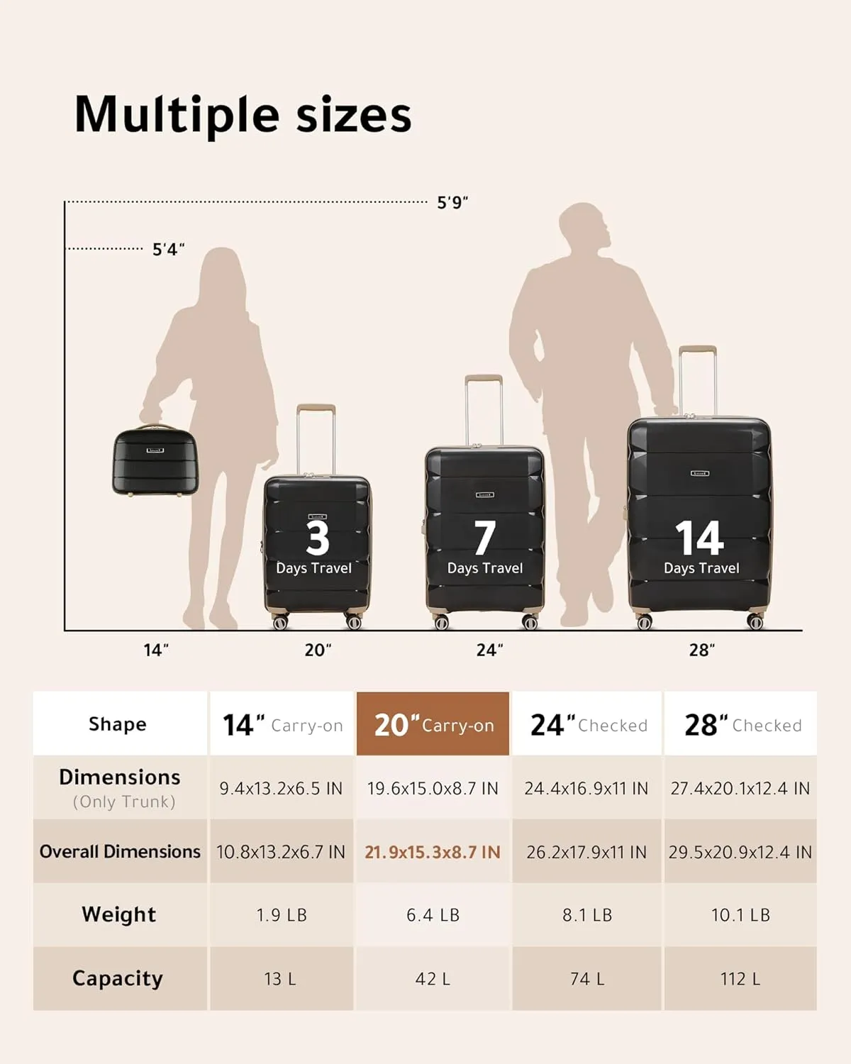 LUGGEX Carry on Luggage with Spinner Wheels, Lightweight Suitcase 2 Piece, Expandable (Grey, 14/20)