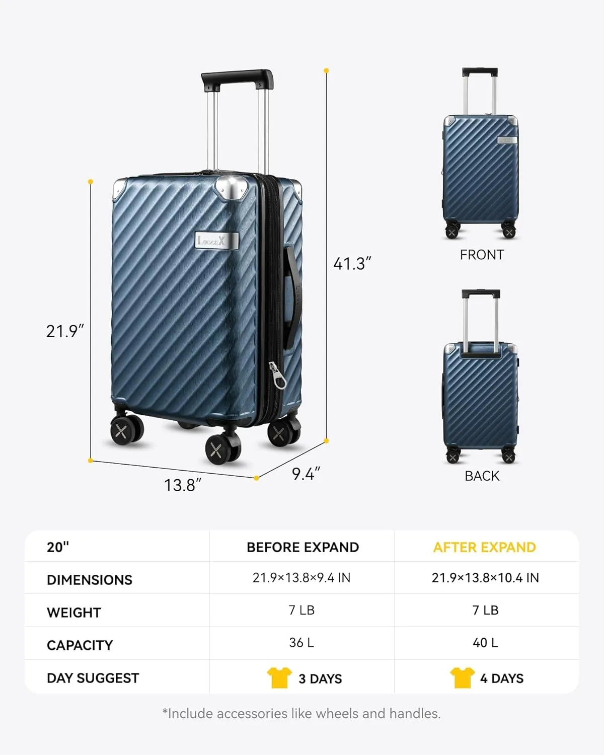 LUGGEX Luggage with Spinner Wheels, Polycarbonate Expandable Hard Shell Suitcase, Carry On 20 Inch, Brown Black