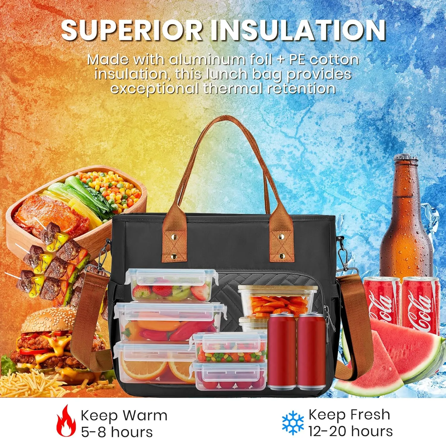 Lunch Bag for Man, Leakproof Insulated Lunch Bag, Durable Nylon Lunch Box for Woman with Shoulder Strap, Adult Reusable Lunch Cooler Tote Bags for Work Picnic Camping Beach Black