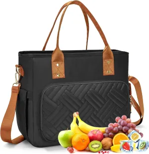 Lunch Bag for Man, Leakproof Insulated Lunch Bag, Durable Nylon Lunch Box for Woman with Shoulder Strap, Adult Reusable Lunch Cooler Tote Bags for Work Picnic Camping Beach Black