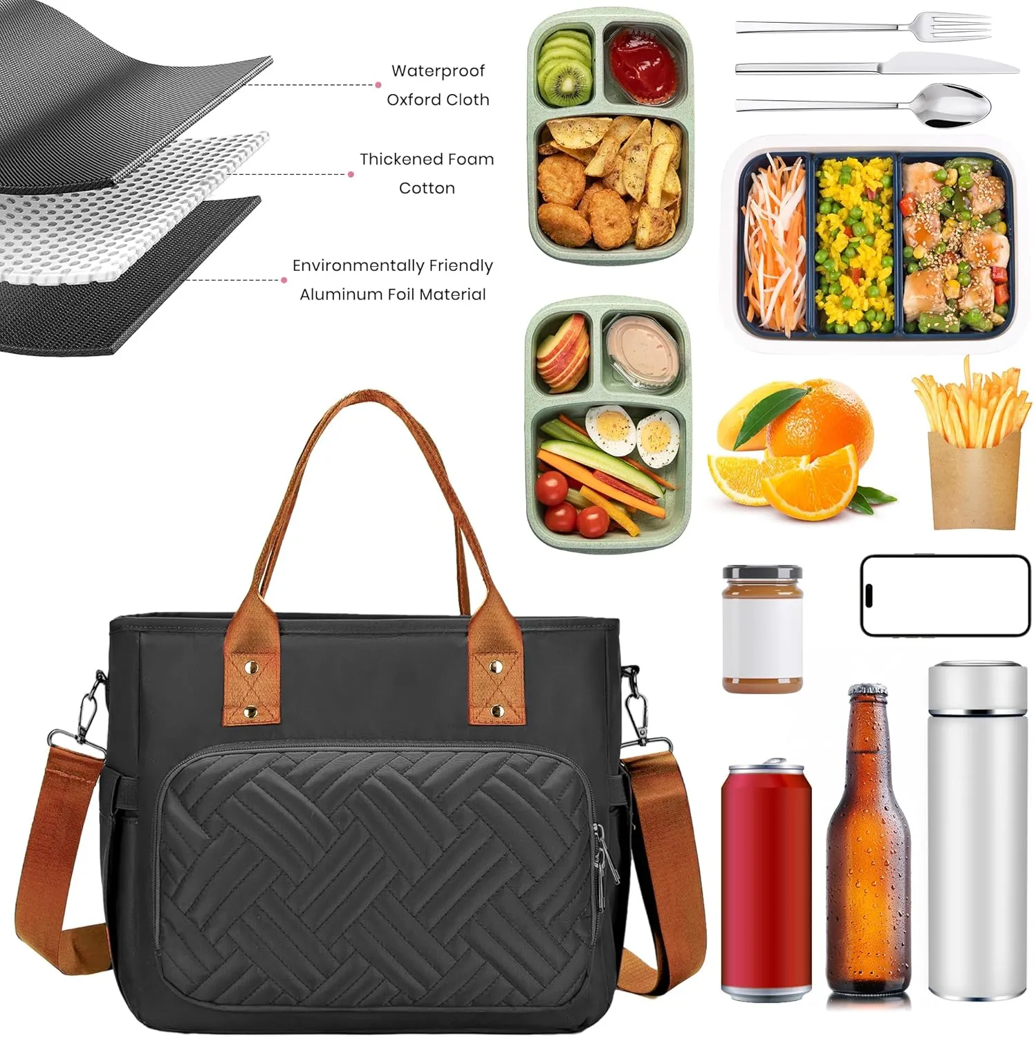 Lunch Bag for Man, Leakproof Insulated Lunch Bag, Durable Nylon Lunch Box for Woman with Shoulder Strap, Adult Reusable Lunch Cooler Tote Bags for Work Picnic Camping Beach Black