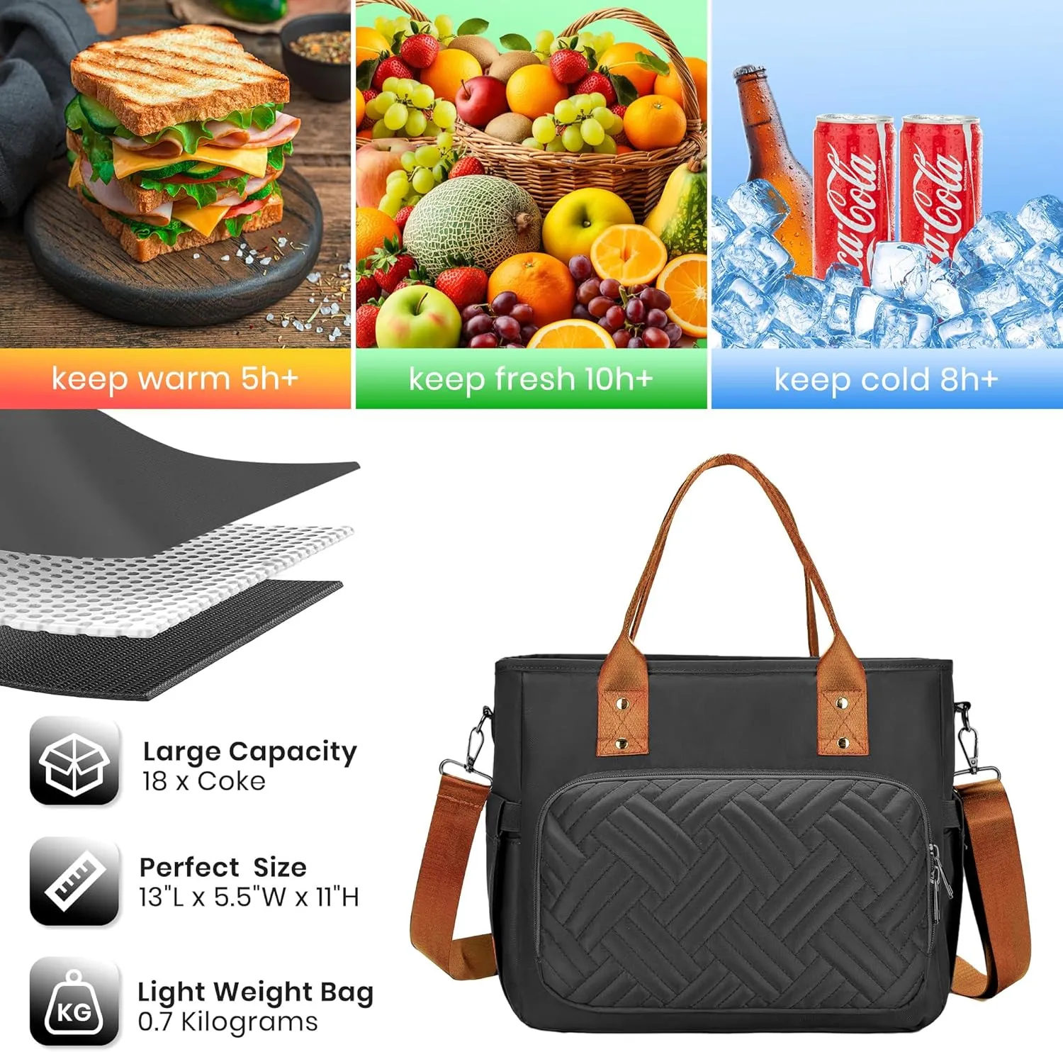 Lunch Bag for Man, Leakproof Insulated Lunch Bag, Durable Nylon Lunch Box for Woman with Shoulder Strap, Adult Reusable Lunch Cooler Tote Bags for Work Picnic Camping Beach Black