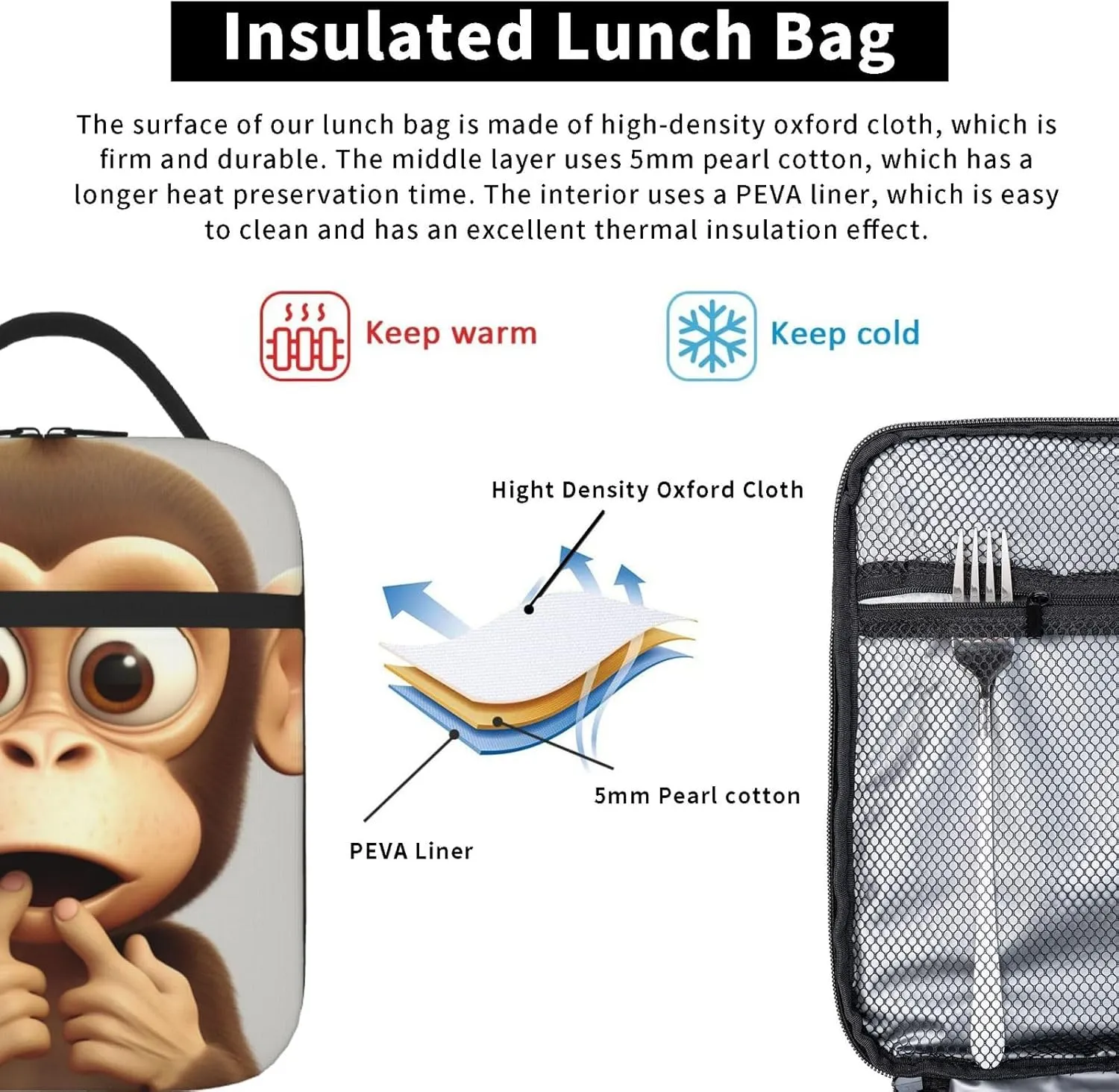 Lunch Bag Insulated Lunch Box for Women Men Cooler Bag Reusable Lunch Bag The silent monkey Lunch Tote Bag for Work