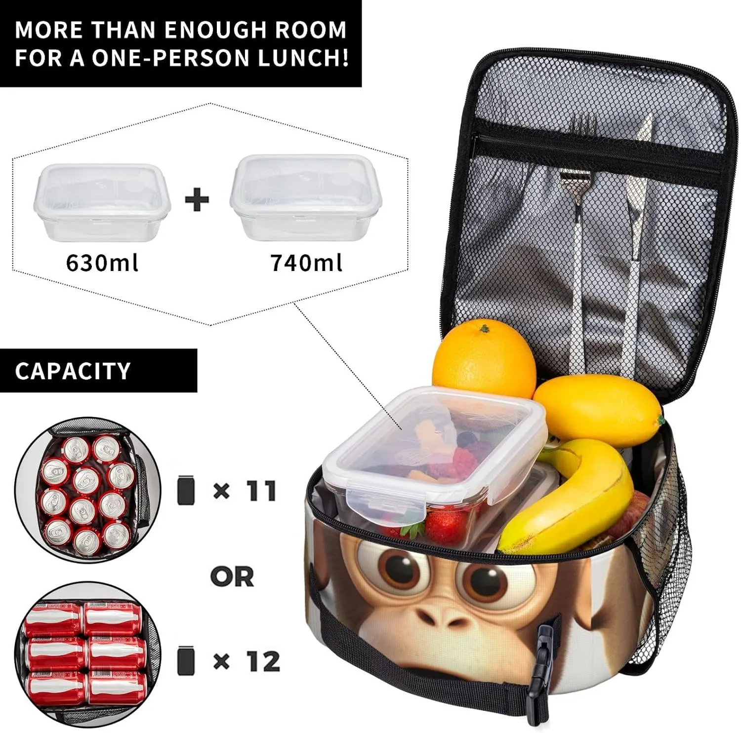 Lunch Bag Insulated Lunch Box for Women Men Cooler Bag Reusable Lunch Bag The silent monkey Lunch Tote Bag for Work