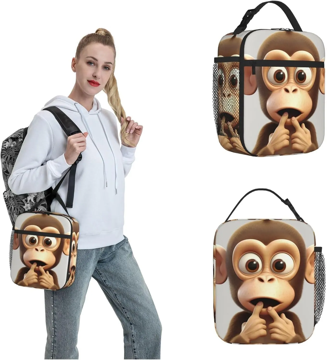 Lunch Bag Insulated Lunch Box for Women Men Cooler Bag Reusable Lunch Bag The silent monkey Lunch Tote Bag for Work