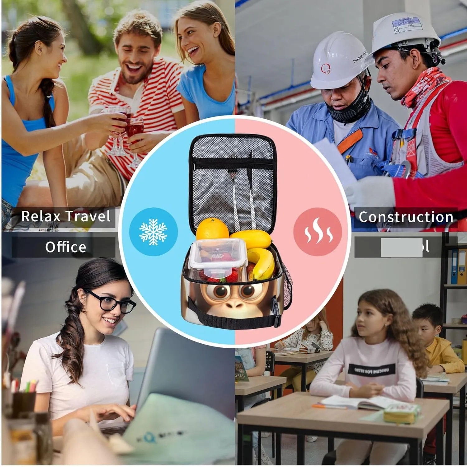 Lunch Bag Insulated Lunch Box for Women Men Cooler Bag Reusable Lunch Bag The silent monkey Lunch Tote Bag for Work