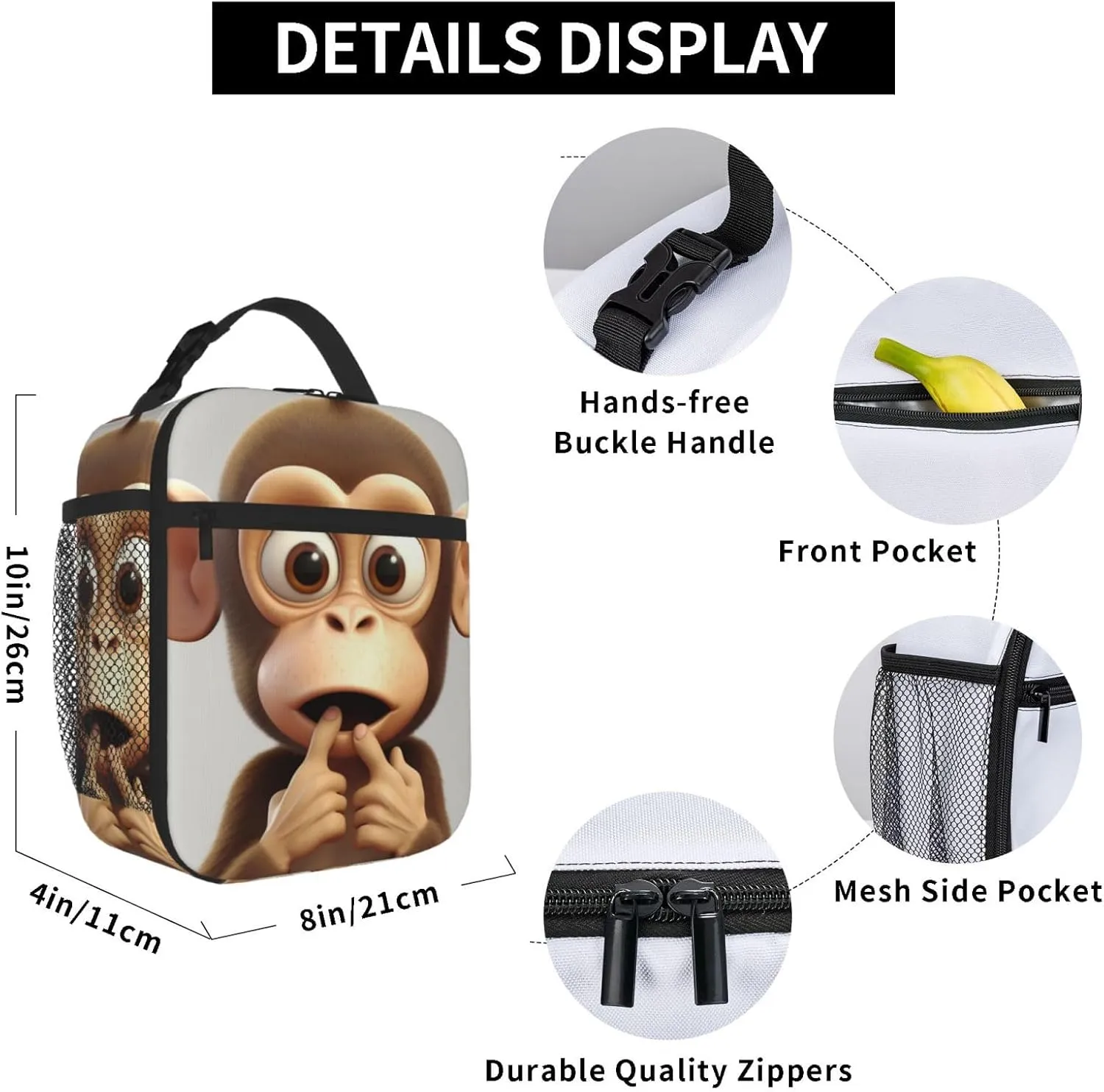 Lunch Bag Insulated Lunch Box for Women Men Cooler Bag Reusable Lunch Bag The silent monkey Lunch Tote Bag for Work