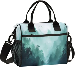 Lunch Bag Insulated Reusable Smoky Green Mountains Lunch Box,Leakproof Insulated Cooler with Adjustable Shoulder Strap for Women Men