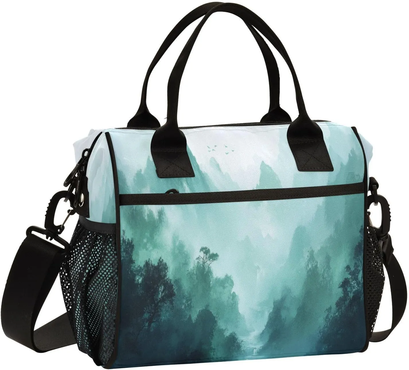 Lunch Bag Insulated Reusable Smoky Green Mountains Lunch Box,Leakproof Insulated Cooler with Adjustable Shoulder Strap for Women Men