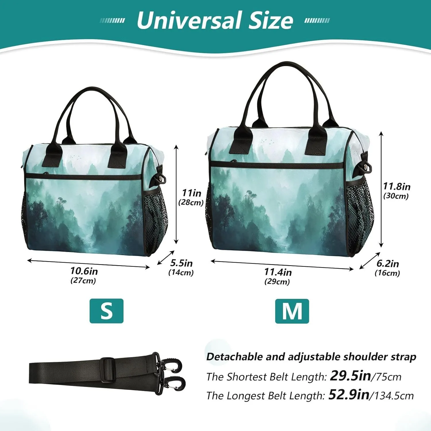 Lunch Bag Insulated Reusable Smoky Green Mountains Lunch Box,Leakproof Insulated Cooler with Adjustable Shoulder Strap for Women Men