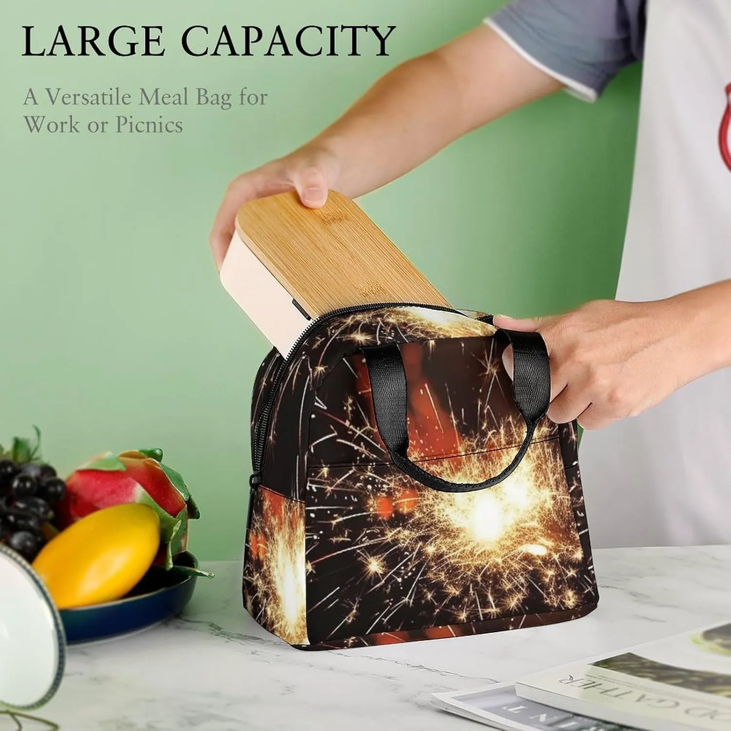 Lunch Bag Reusable Insulated Lunch Box for Women Men Leakproof Cooler Bag Explosion Firework Portable Lunchbox Adults Small Lunch Tote Bag for Office Work Picnic Travel, 22*20*13cm