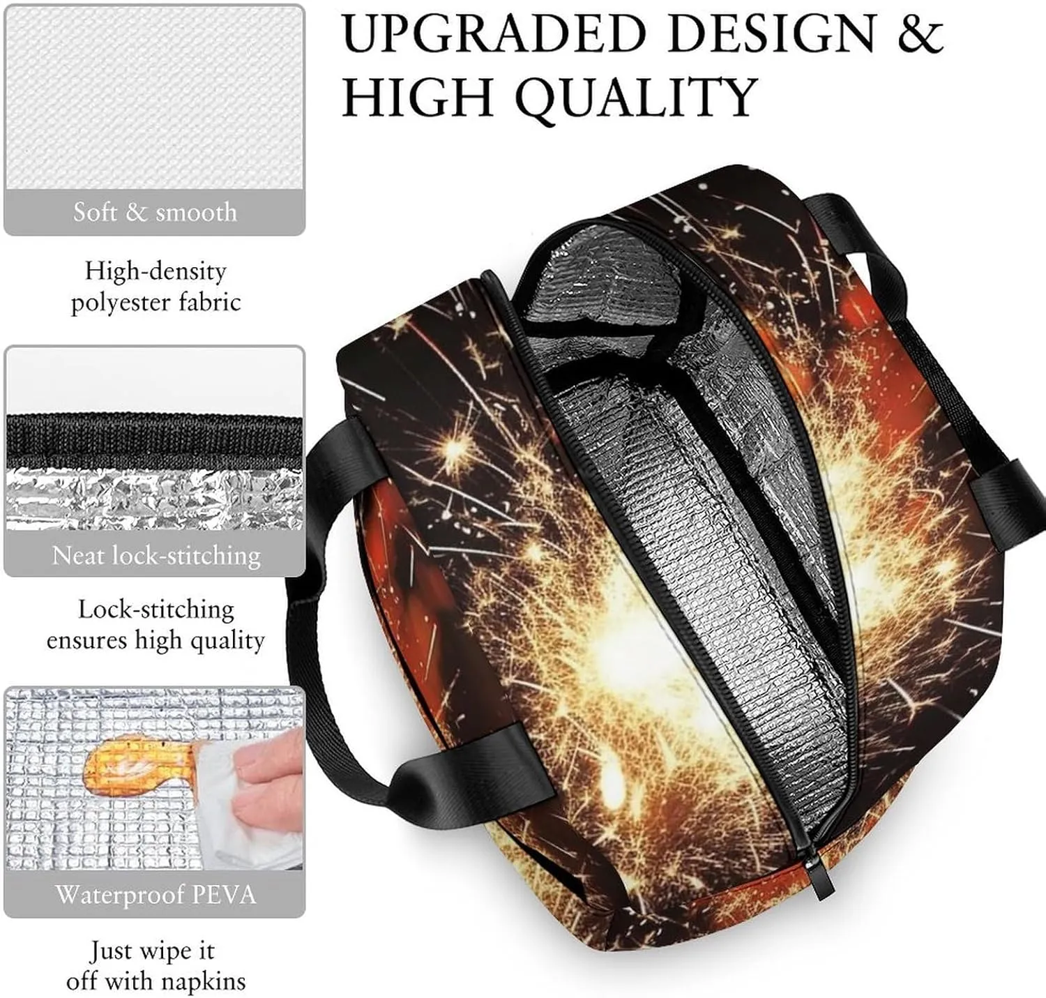 Lunch Bag Reusable Insulated Lunch Box for Women Men Leakproof Cooler Bag Explosion Firework Portable Lunchbox Adults Small Lunch Tote Bag for Office Work Picnic Travel, 22*20*13cm