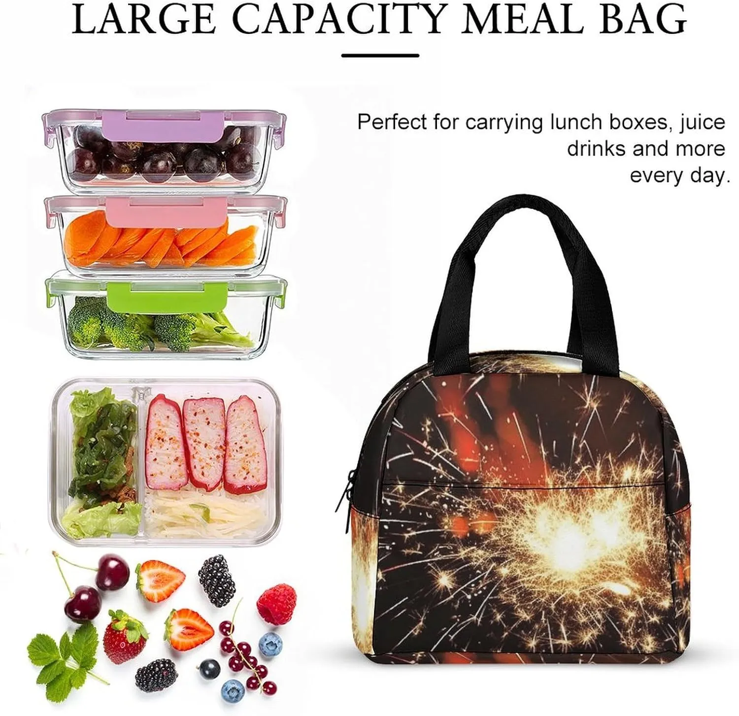 Lunch Bag Reusable Insulated Lunch Box for Women Men Leakproof Cooler Bag Explosion Firework Portable Lunchbox Adults Small Lunch Tote Bag for Office Work Picnic Travel, 22*20*13cm