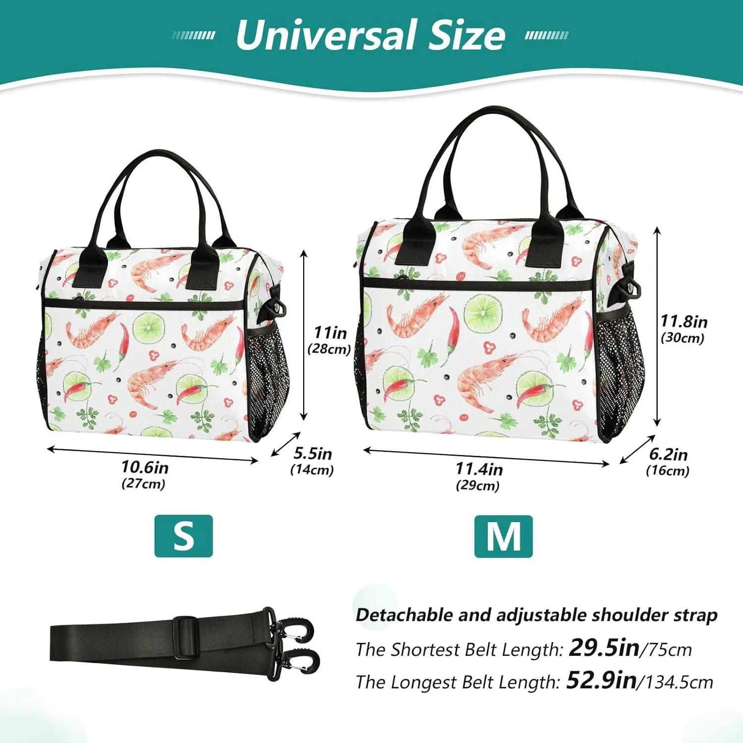 Lunch Bag Seafood Shrimp with Herbs Insulated Lunch Box Reusable Lunch Tote Bag with Adjustable Shoulder Strap for Men Women M