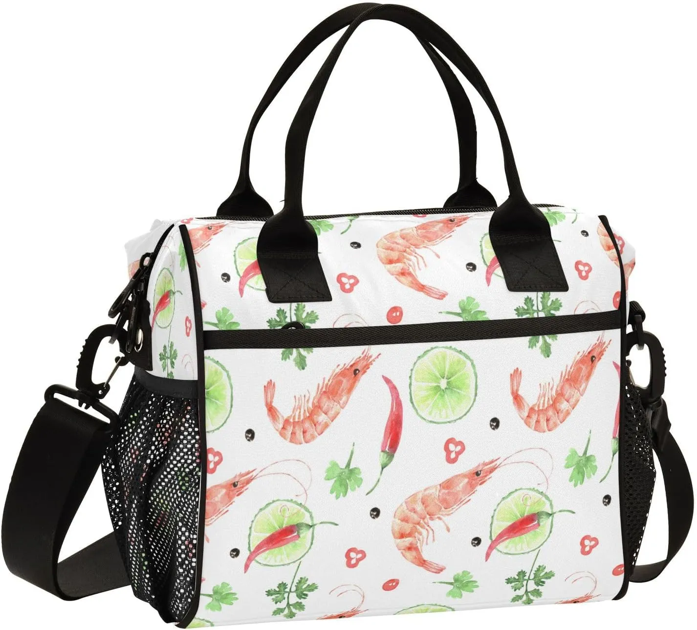 Lunch Bag Seafood Shrimp with Herbs Insulated Lunch Box Reusable Lunch Tote Bag with Adjustable Shoulder Strap for Men Women M