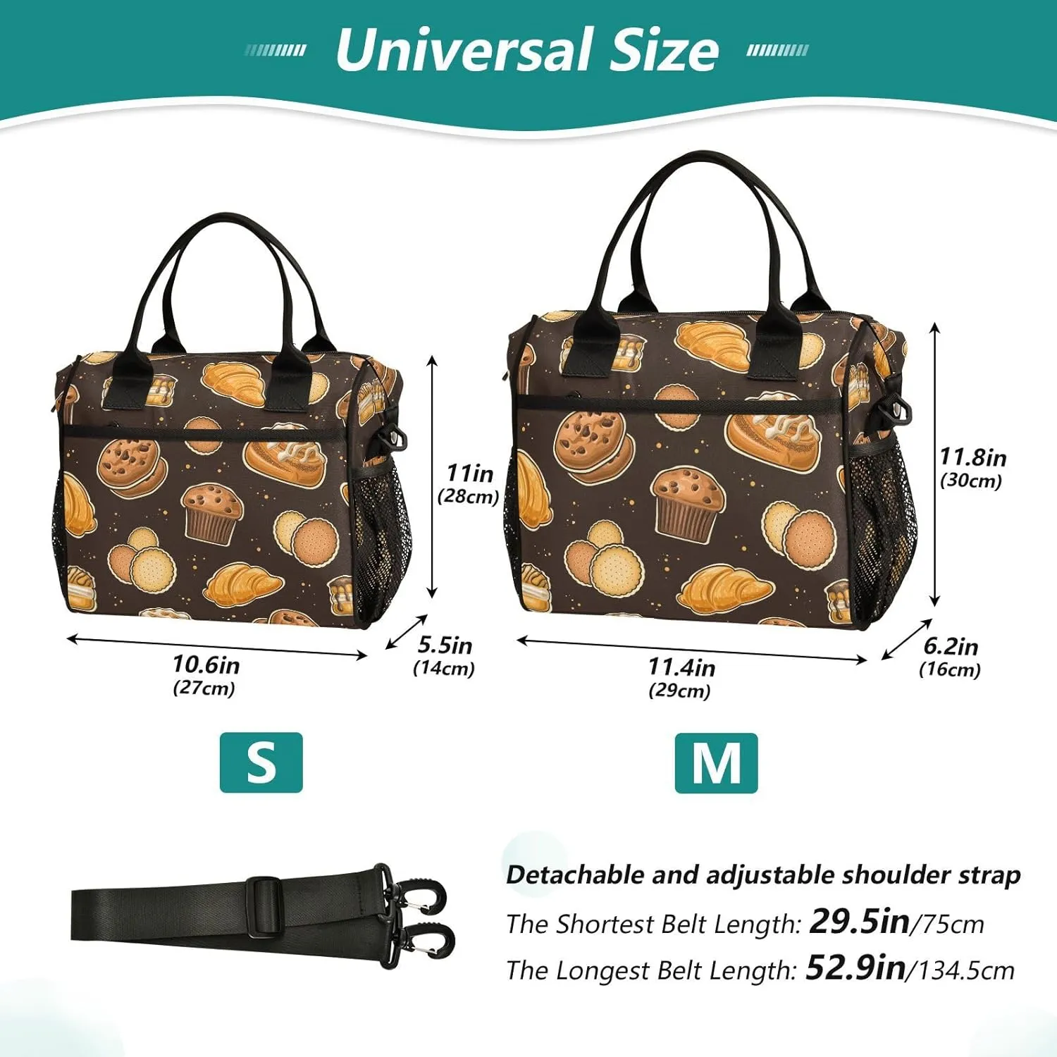 Lunch Bag with Shoulder Strap for Women Men Baked Goods Sweet Bake Insulated Lunch Box Travel Tote Bags Meal Prep Organizer for School Office Picnic M