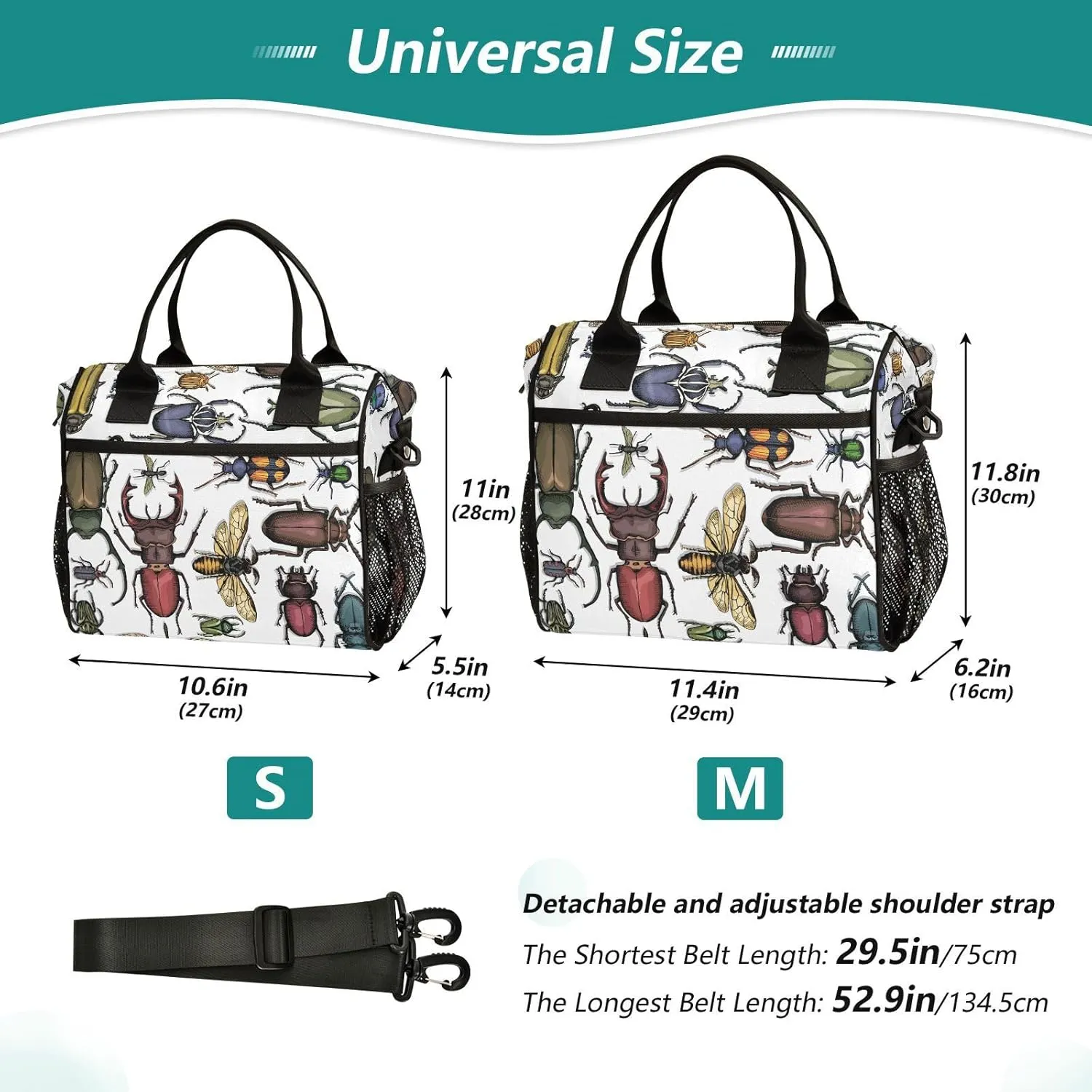 Lunch Bag with Shoulder Strap for Women Men Bright Beetles Insulated Lunch Box Travel Tote Bags Meal Prep Organizer for School Office Picnic M