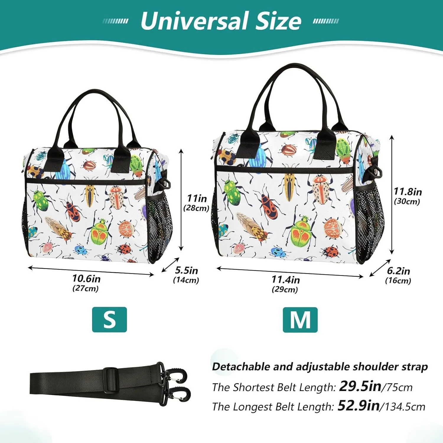 Lunch Bag with Shoulder Strap for Women Men Colorful Beetles Bugs Cute Insulated Lunch Box Travel Tote Bags Meal Prep Organizer for School Office Picnic M