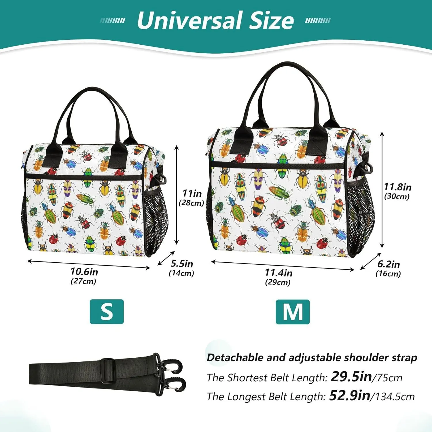 Lunch Bag with Shoulder Strap for Women Men Colorful Bugs Beetles Insulated Lunch Box Travel Tote Bags Meal Prep Organizer for School Office Picnic M