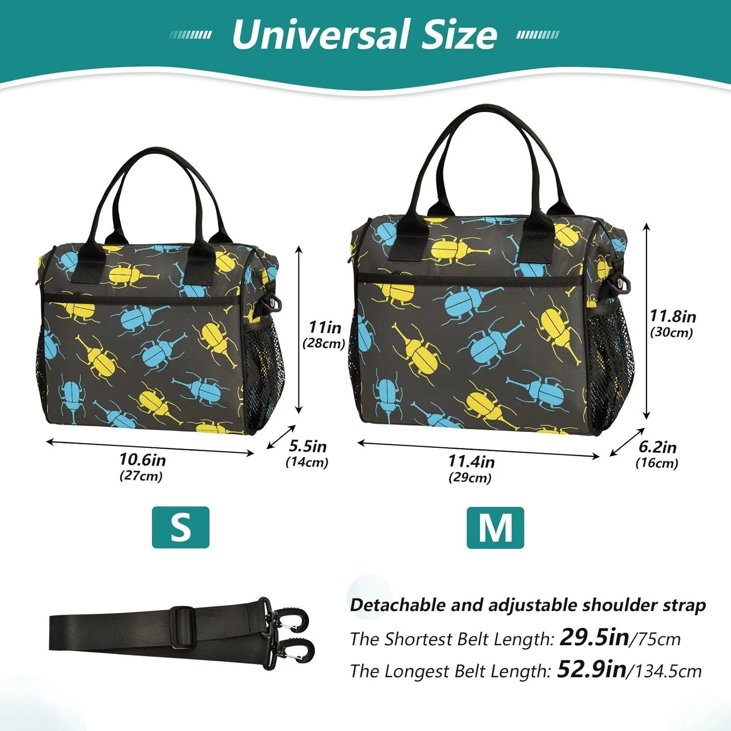 Lunch Bag with Shoulder Strap for Women Men Yellow Blue Rhinoceros Beetles Insulated Lunch Box Travel Tote Bags Meal Prep Organizer for School Office Picnic M