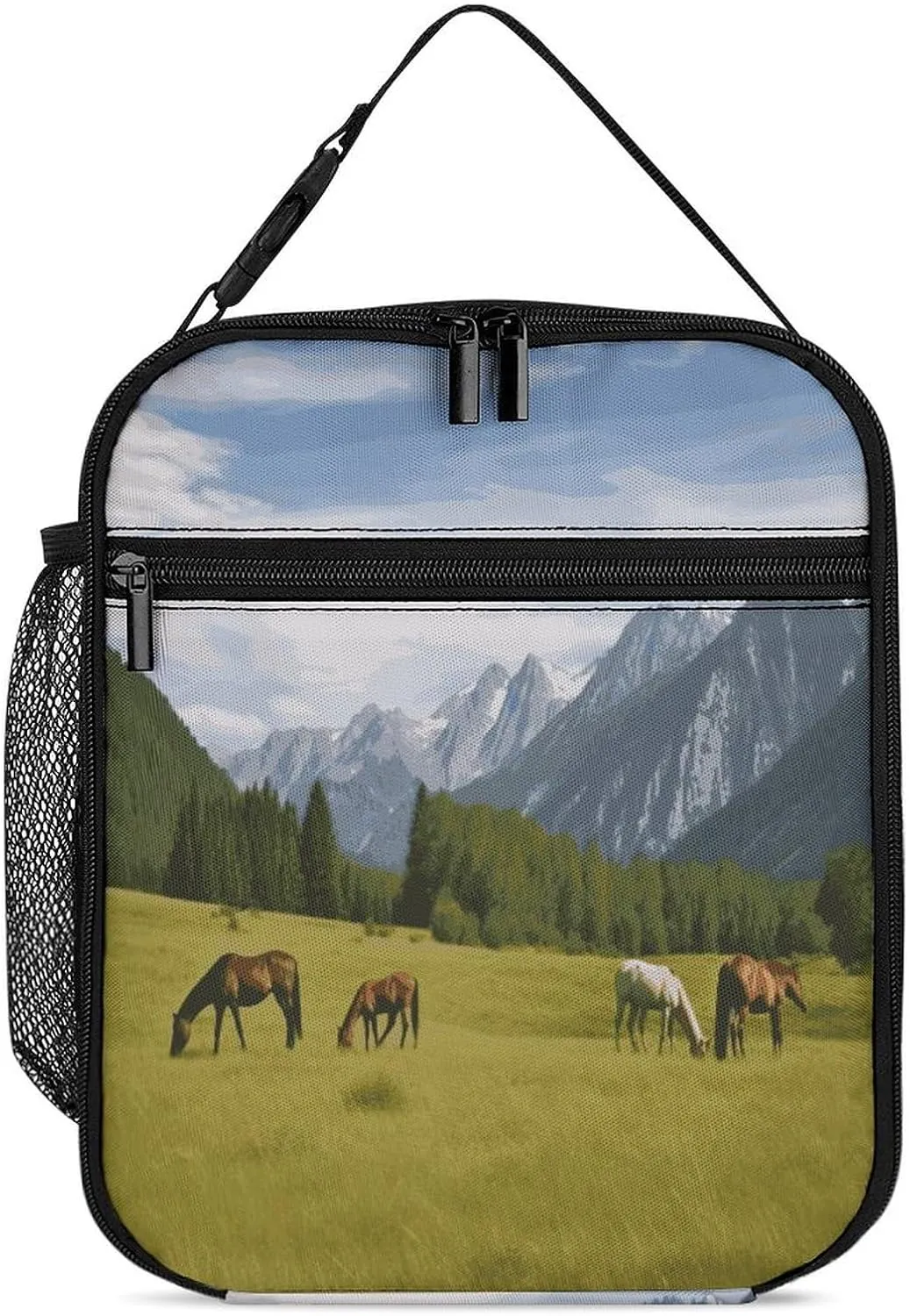 Lunch Box Cooler Insulated Lunch Bag Reusable Mountain Pasture Grazing Horses Printing Lunch Carrier For Women And Men