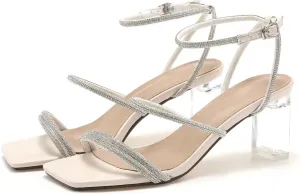 LUXINYU Women's High Heeled Sandals Sparkling Rhinestone Tassel Ankle Strap Chunky Heels Wedding Bridal Crystal Shoes Evening Prom Dress Heels