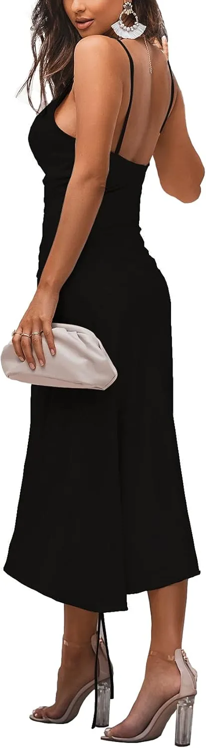 LYANER Women's Satin Spaghetti Straps Cowl Neck Sexy Ruch Cocktail Midi Dresses