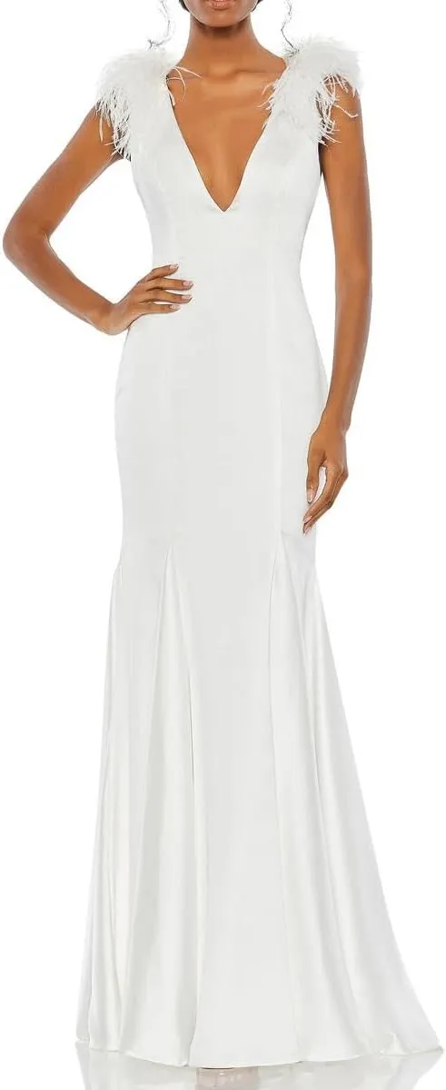 Mac Duggal Womens Satin Feathers Evening Dress