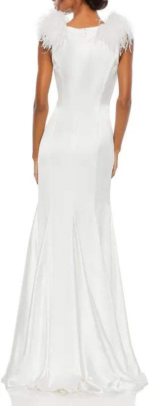 Mac Duggal Womens Satin Feathers Evening Dress