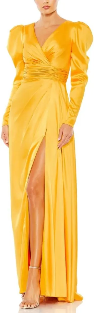 Mac Duggal Womens Satin Pleated Evening Dress Yellow 2