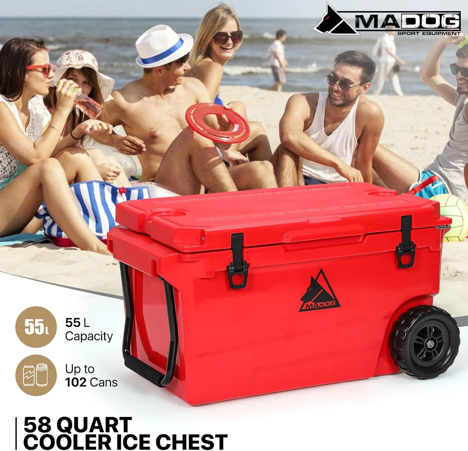 MADOG Cooler with Wheels, Leak-Proof Rolling Hard Cooler for 5-7 Days Ice Retention, LLDPE Wheeled Coolers, Ideal for Fishing, Camping, Boating and Traveling