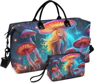 Magic Neon Mushrooms Girl Travel Duffel Bag with Toiletry Bag Weekender Bag for Carry on Sports Gym Bag for Travel Gym Yoga